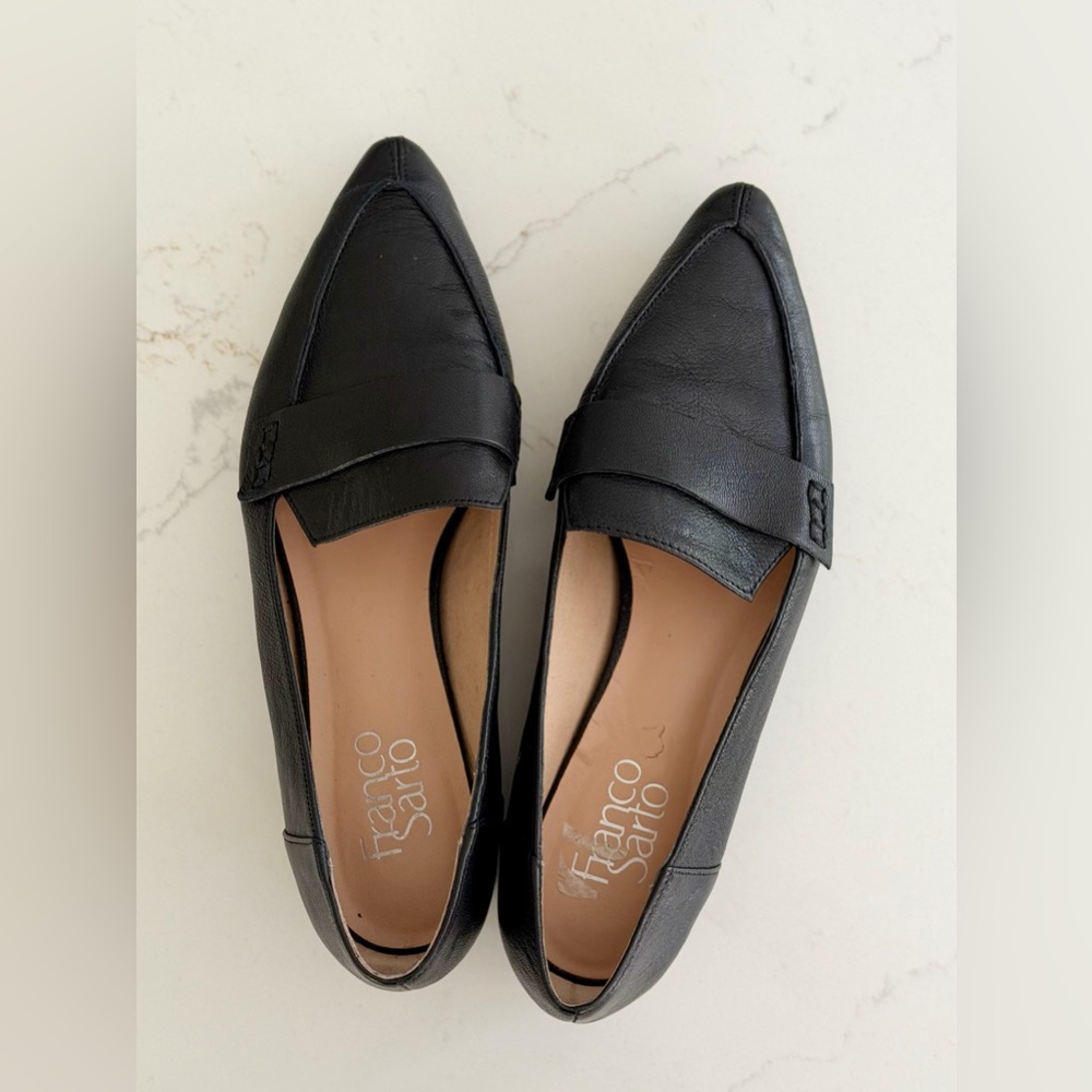 Franco Sarto Black Leather Loafers with Silver Accent - Picture 2 of 7